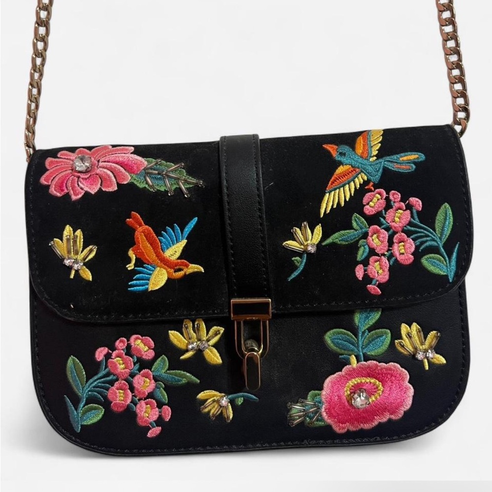Topshop Black Crossbody Bag with Colorful Embroidery